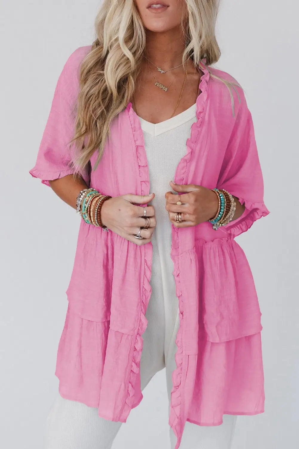 Pink ruffled trim half sleeve open front kimono - one size / 65% viscose + 35% polyester - kimonos