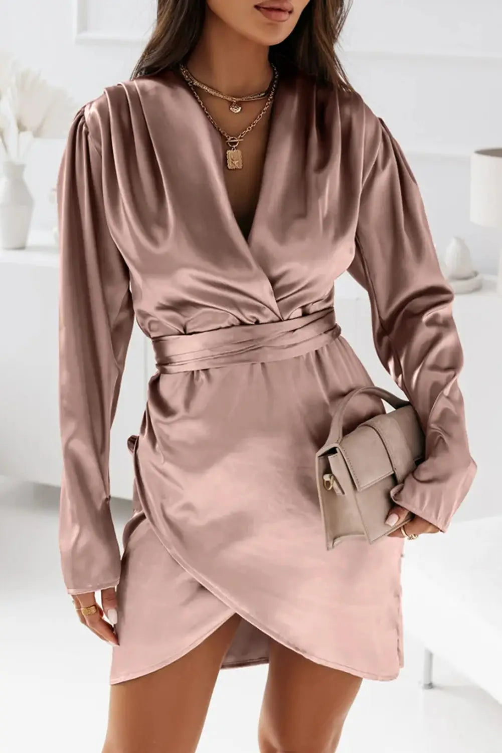 Pink satin ruched v-neck wrapped mini dress - s / 95% polyester + 5% elastane - dresses