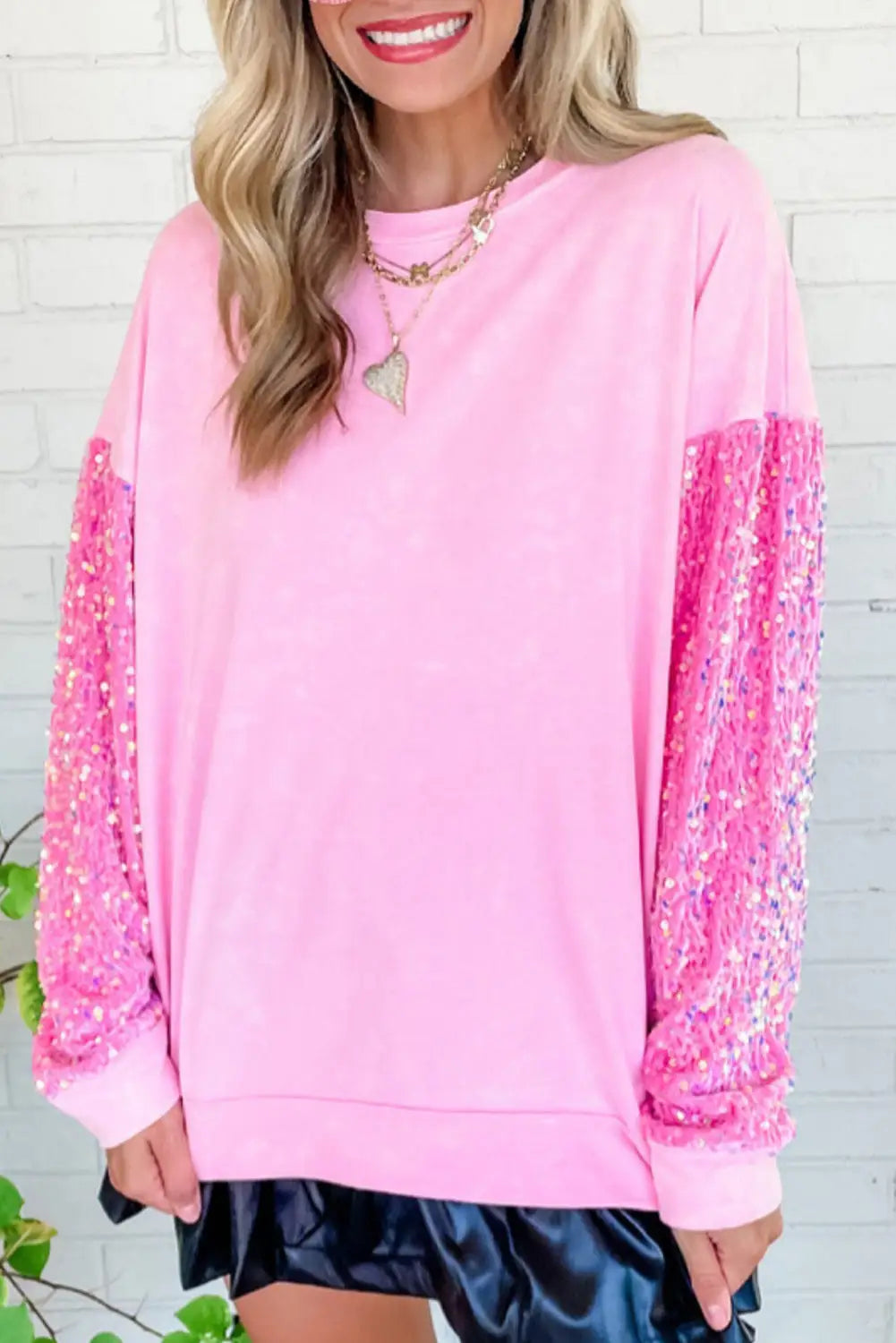 Pink sequin patchwork long sleeve pullover top - s - tops