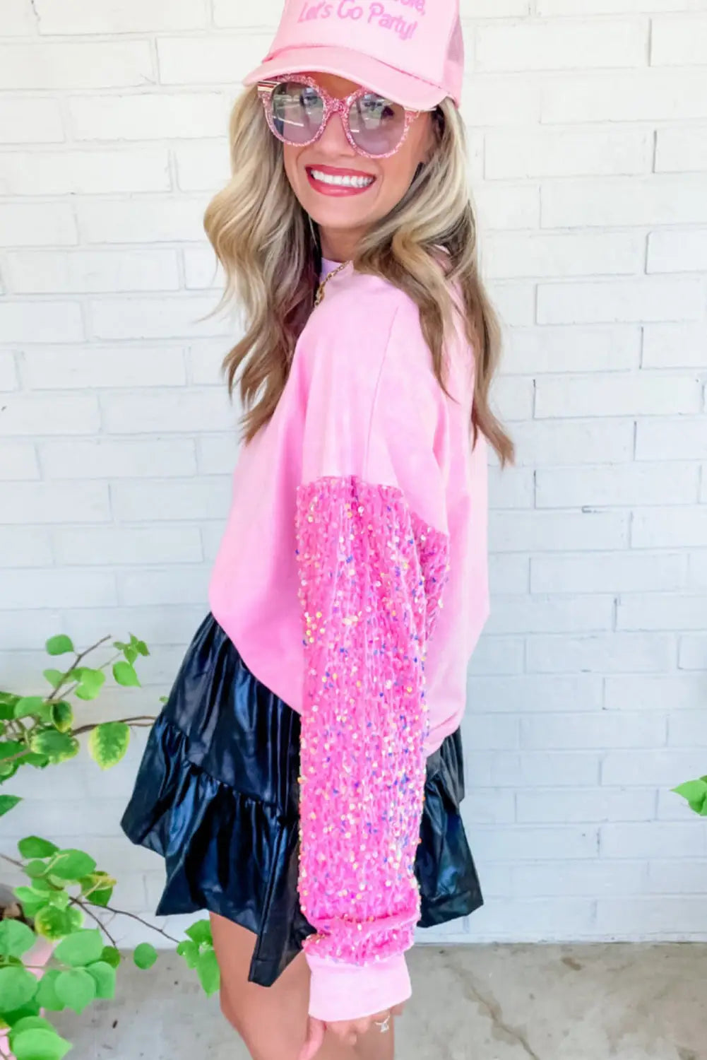 Pink sequin patchwork long sleeve pullover top - tops