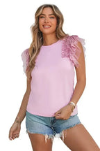 Pink Sequined Ruffle Mesh Sleeves Top - Fashionfitz