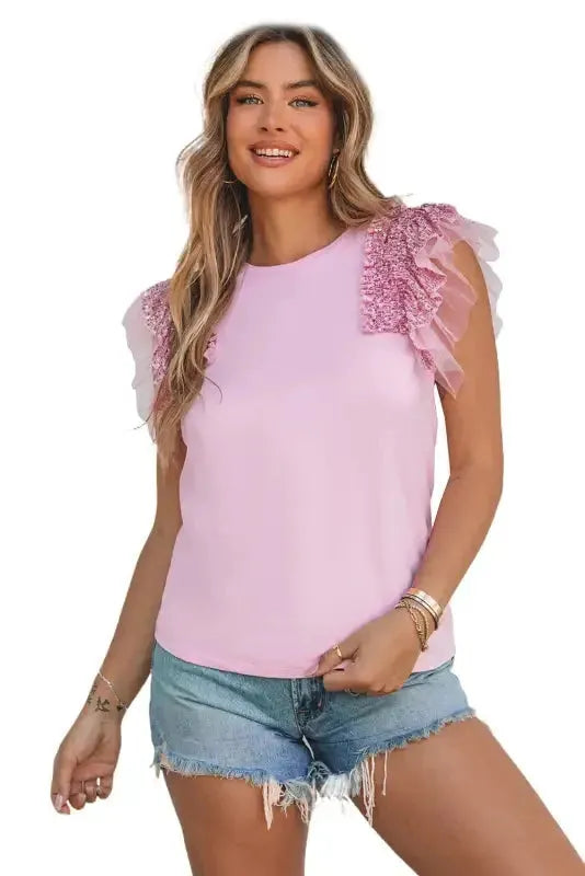 Pink Sequined Ruffle Mesh Sleeves Top - Fashionfitz