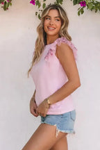 Pink Sequined Ruffle Mesh Sleeves Top - Fashionfitz