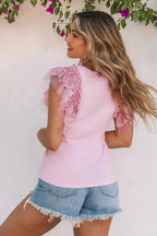 Pink Sequined Ruffle Mesh Sleeves Top - Fashionfitz