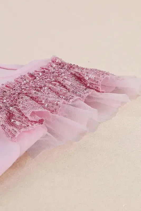 Pink Sequined Ruffle Mesh Sleeves Top - Fashionfitz