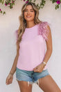 Woman wearing pink sequin ruffle mesh sleeve top front view Fashionfitz UK