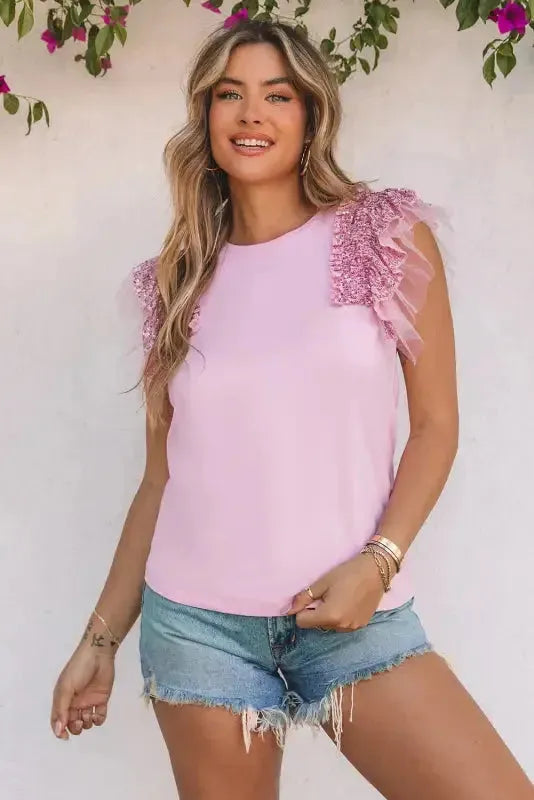 Woman wearing pink sequin ruffle mesh sleeve top front view Fashionfitz UK