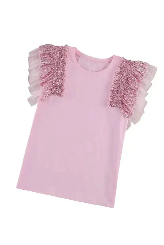 Pink Sequined Ruffle Mesh Sleeves Top - Fashionfitz