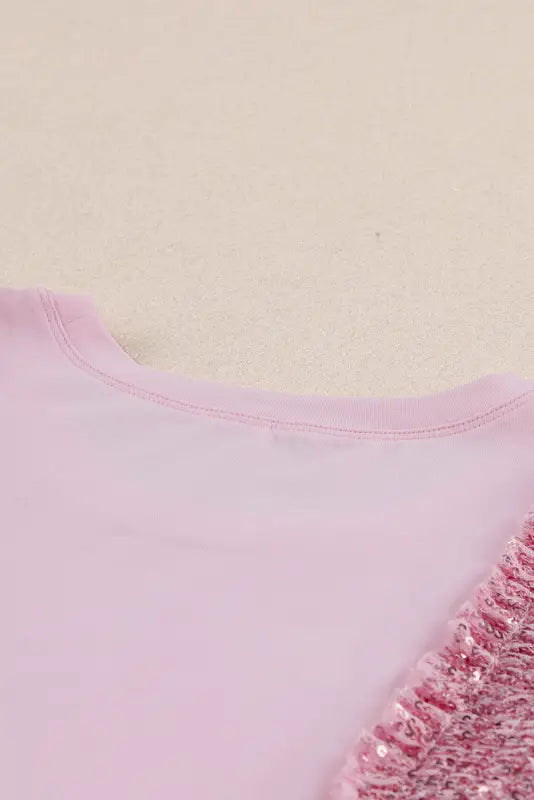 Pink sequined ruffle mesh sleeves top - t-shirts