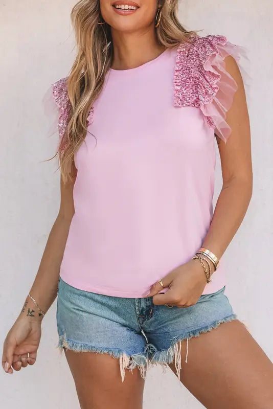 Pink sequined ruffle mesh sleeves top - t-shirts