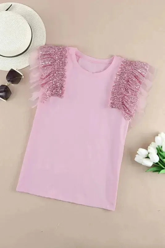 Pink Sequined Ruffle Mesh Sleeves Top - Fashionfitz