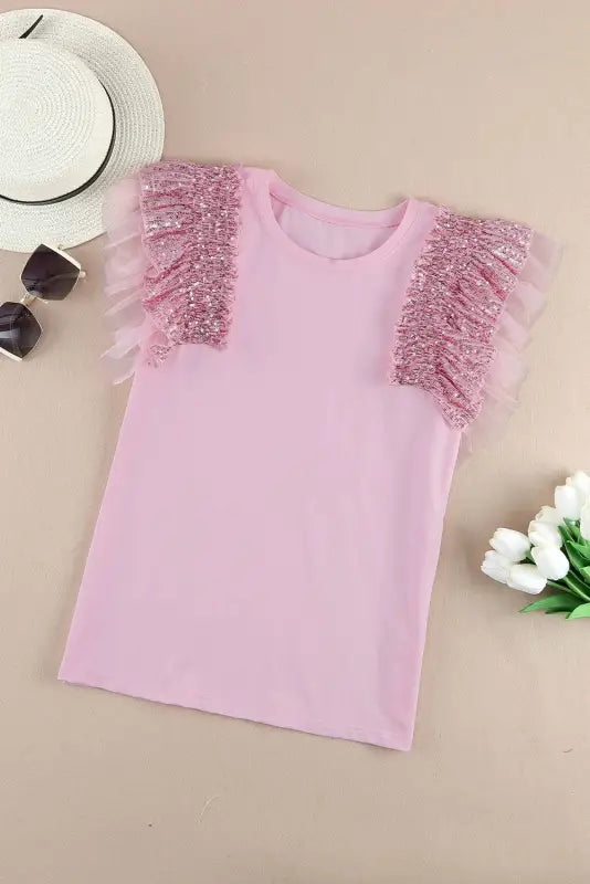 Pink sequined ruffle mesh sleeves top - t-shirts