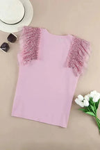 Pink Sequined Ruffle Mesh Sleeves Top - Fashionfitz