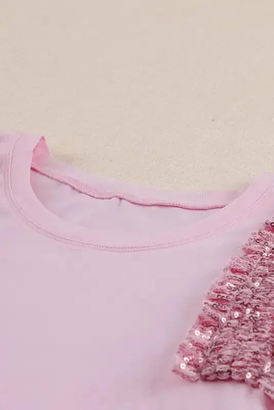 Pink Sequined Ruffle Mesh Sleeves Top - Fashionfitz