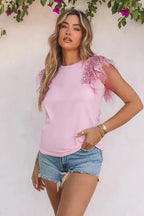 Pink Sequined Ruffle Mesh Sleeves Top - Fashionfitz