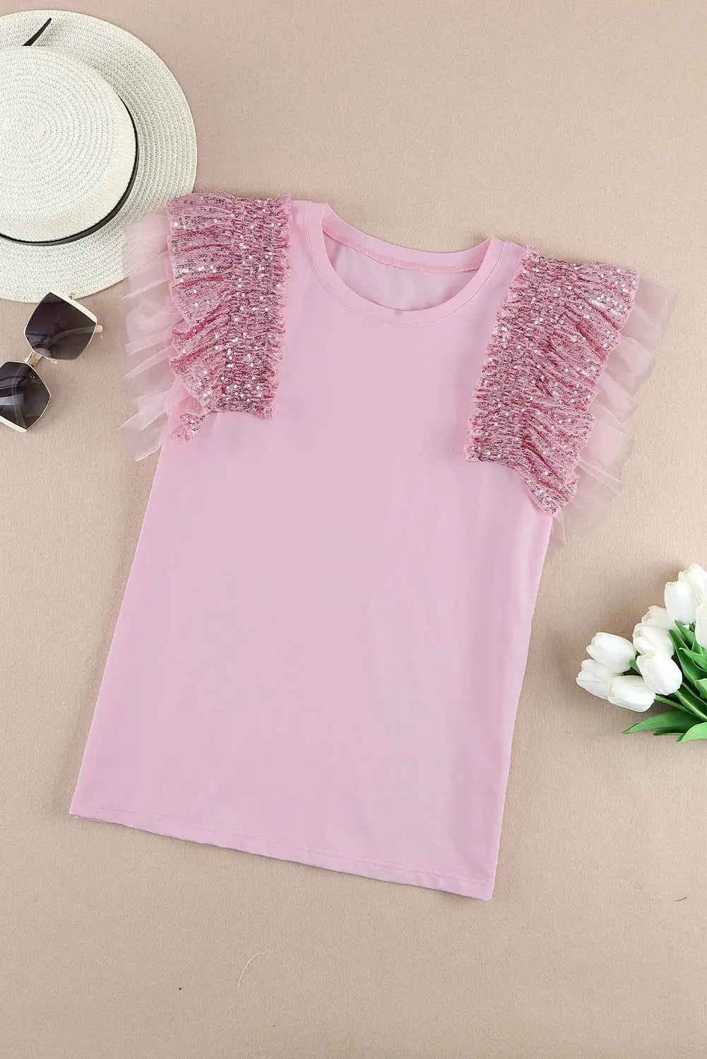 Pink sequined ruffle mesh sleeves top - t-shirts