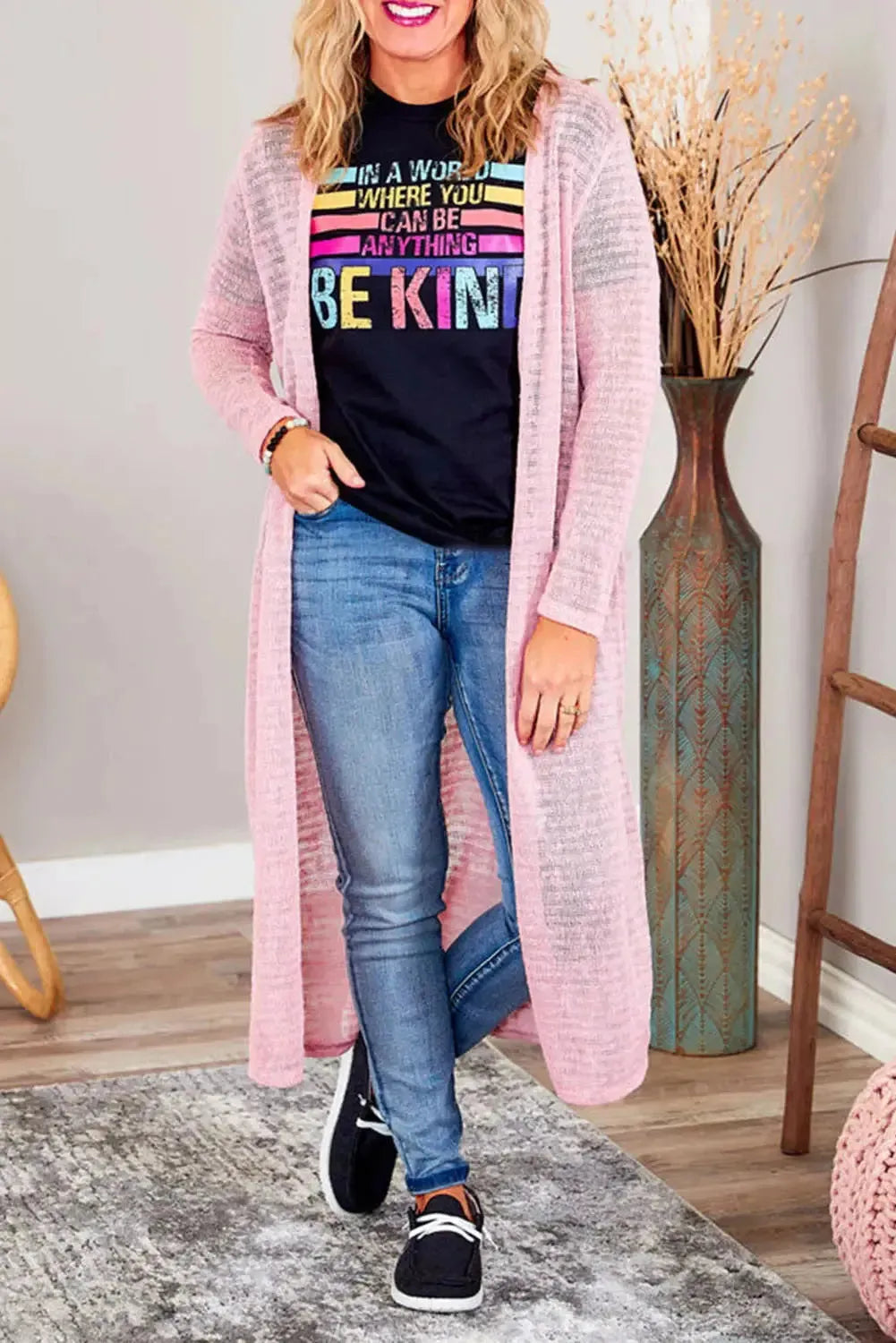 Pink Sheer Knitted Long Side Slit Plus Size Cardigan - Fashionfitz