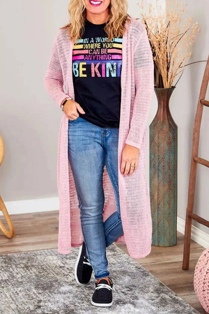 Pink Sheer Knitted Long Side Slit Plus Size Cardigan - Fashionfitz