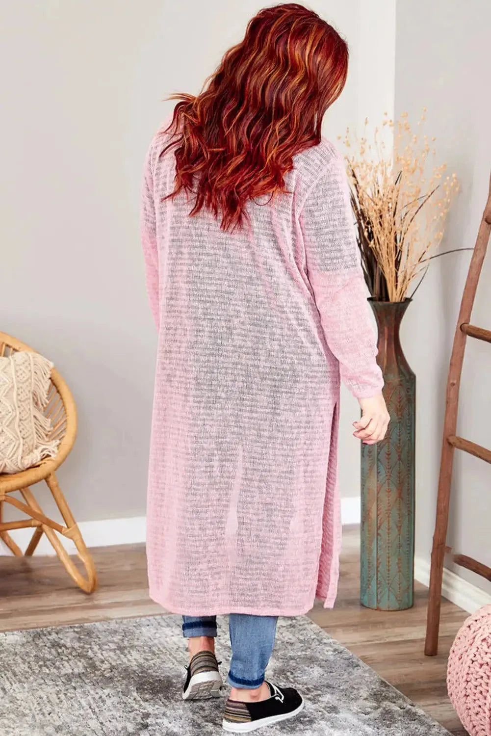 Pink Sheer Knitted Long Side Slit Plus Size Cardigan - Fashionfitz