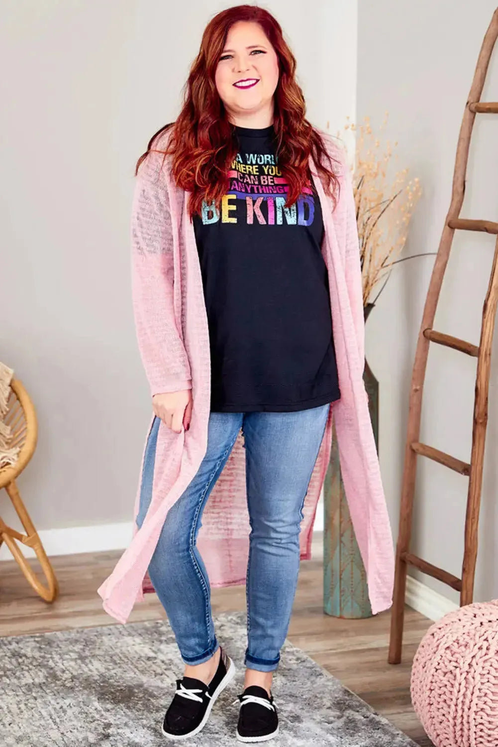 Pink Sheer Knitted Long Side Slit Plus Size Cardigan - Fashionfitz