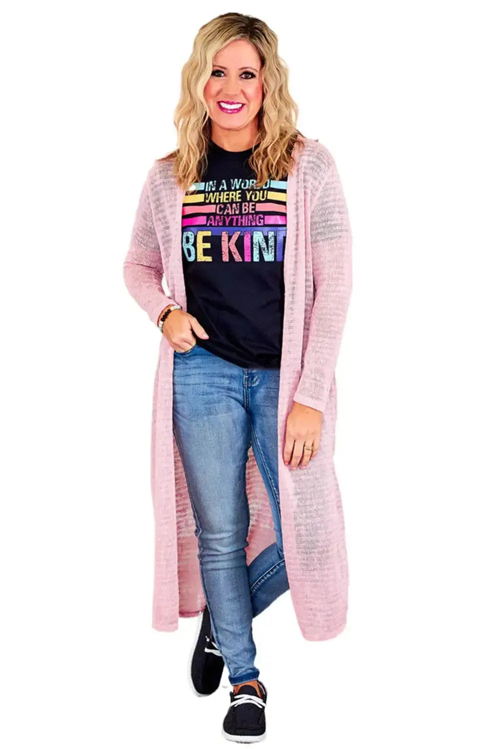 Pink Sheer Knitted Long Side Slit Plus Size Cardigan - Fashionfitz