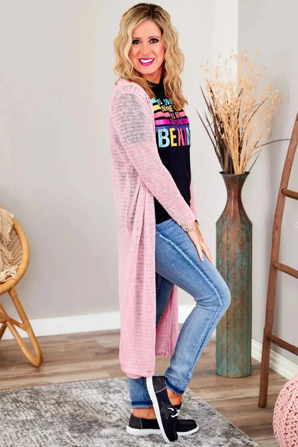Pink Sheer Knitted Long Side Slit Plus Size Cardigan - Fashionfitz