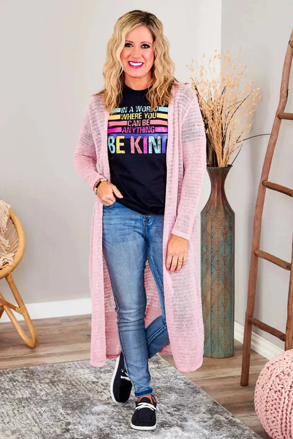 Pink Sheer Knitted Long Side Slit Plus Size Cardigan - Fashionfitz
