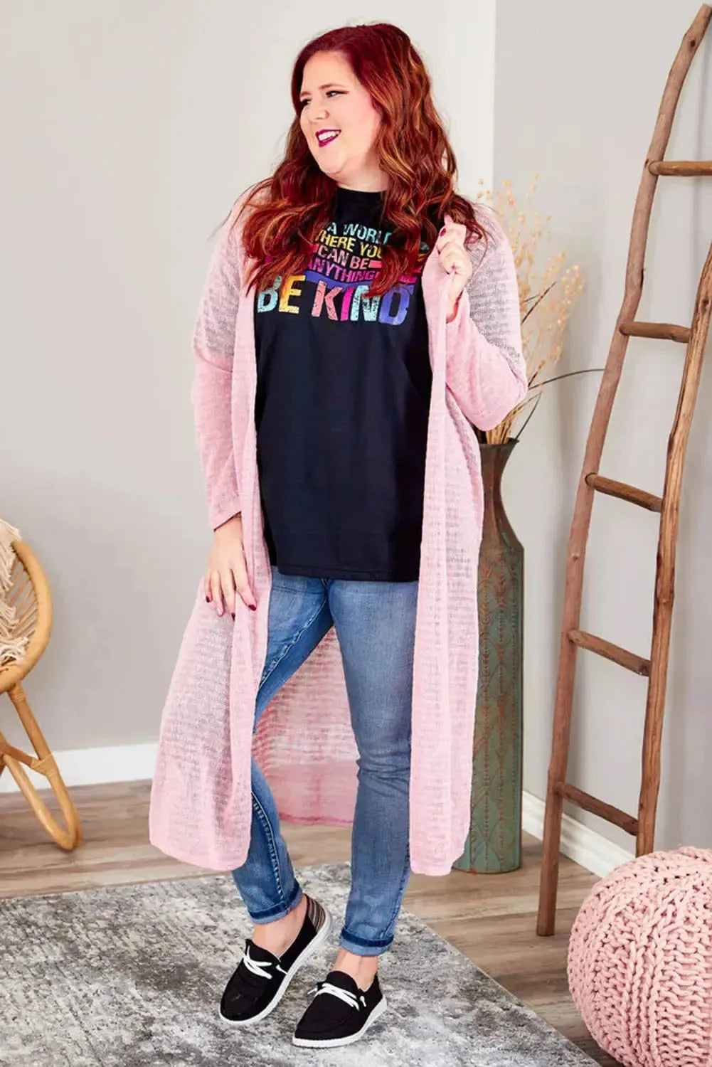 Pink Sheer Knitted Long Side Slit Plus Size Cardigan - Fashionfitz