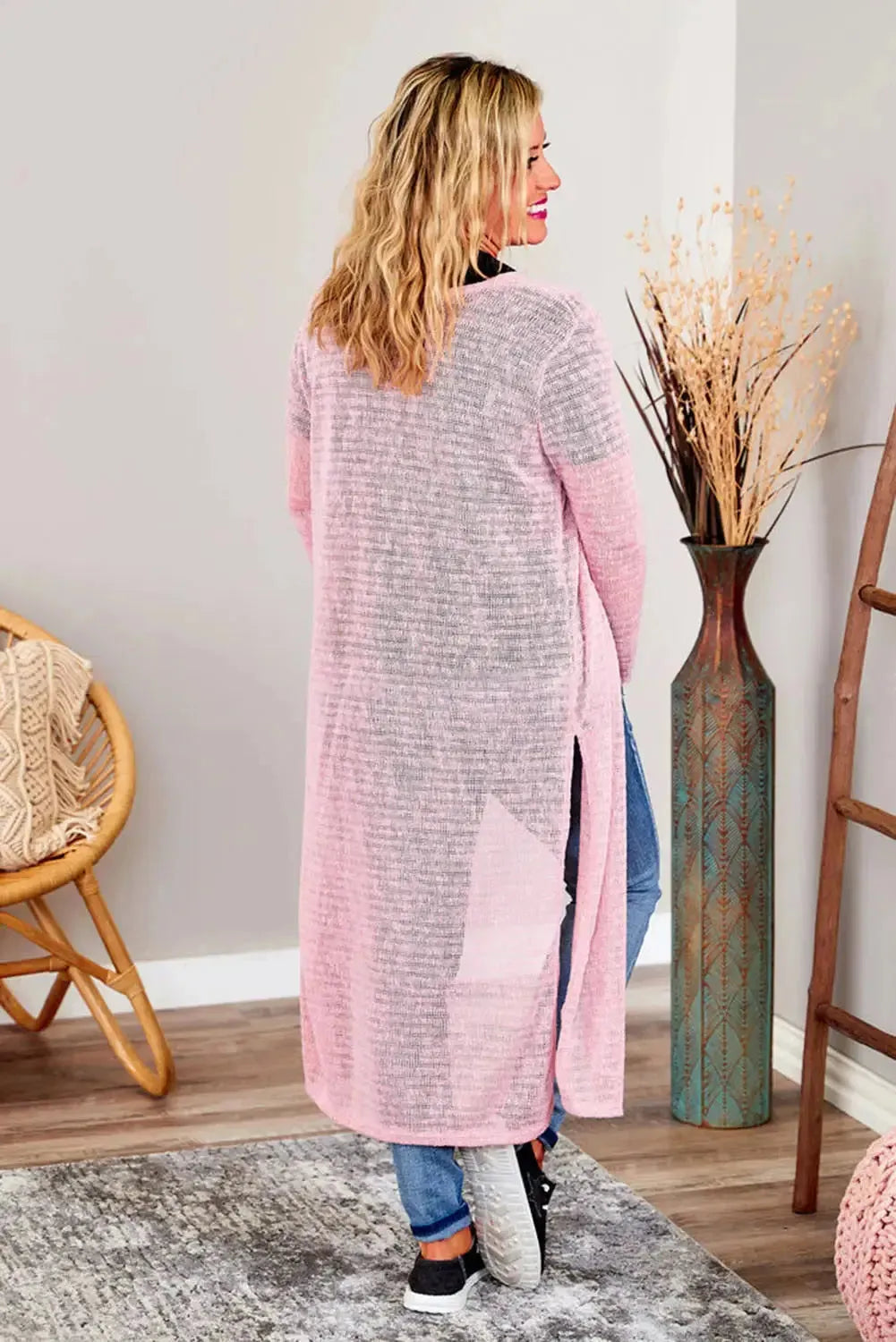 Pink Sheer Knitted Long Side Slit Plus Size Cardigan - Fashionfitz
