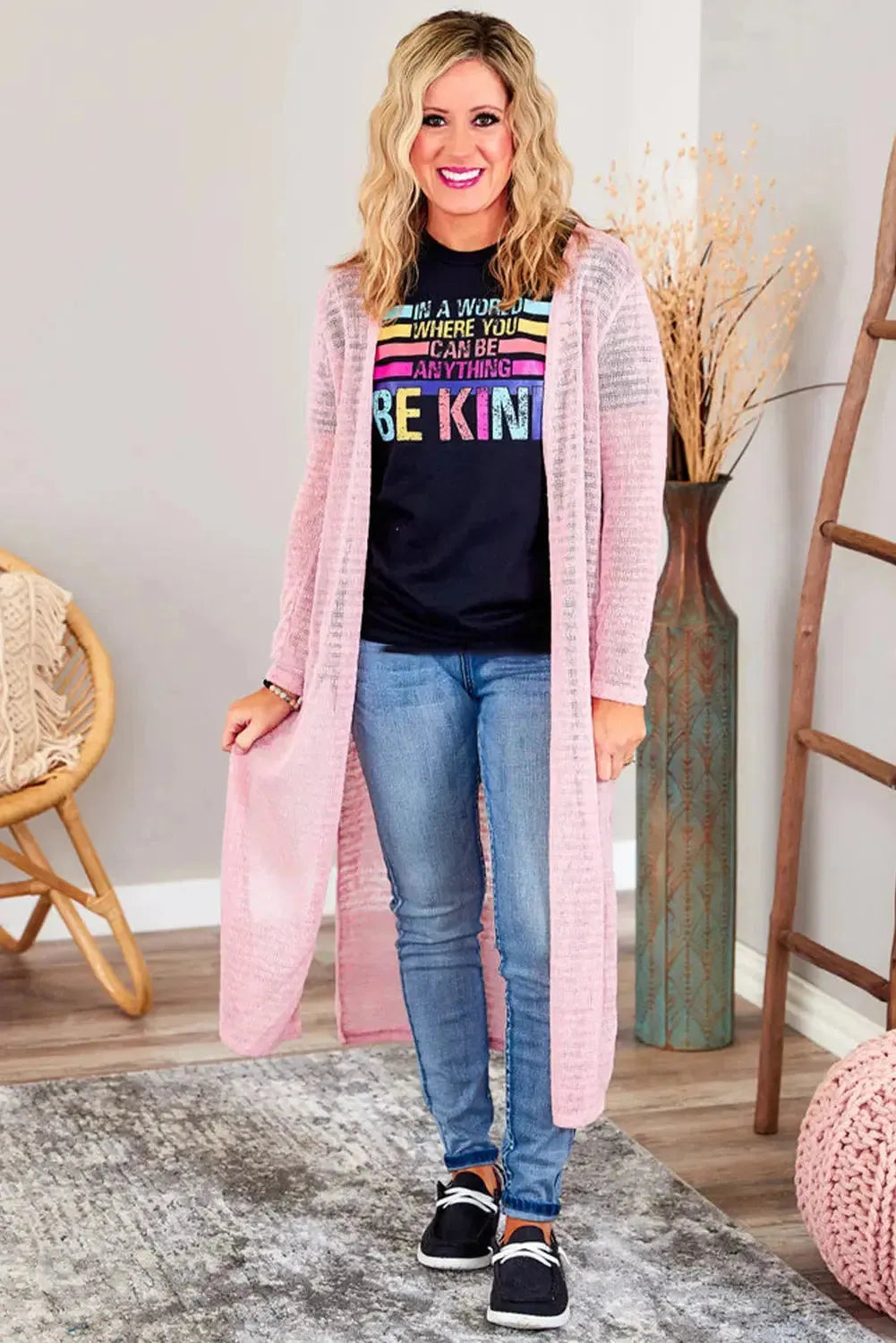 Pink Sheer Knitted Long Side Slit Plus Size Cardigan - Fashionfitz