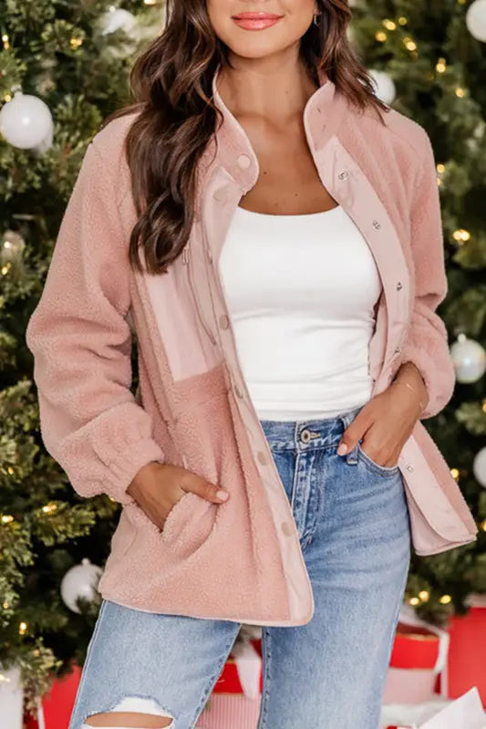 Pink sherpa contrast trim zipped pocket jacket - jackets