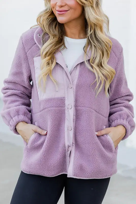 Pink sherpa contrast trim zipped pocket jacket - jackets