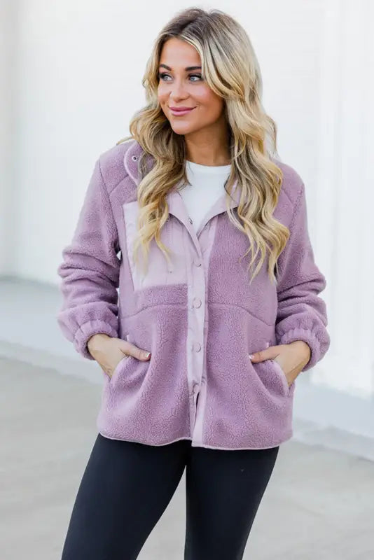 Pink sherpa contrast trim zipped pocket jacket - jackets