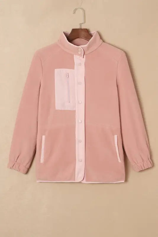 Pink sherpa contrast trim zipped pocket jacket - jackets