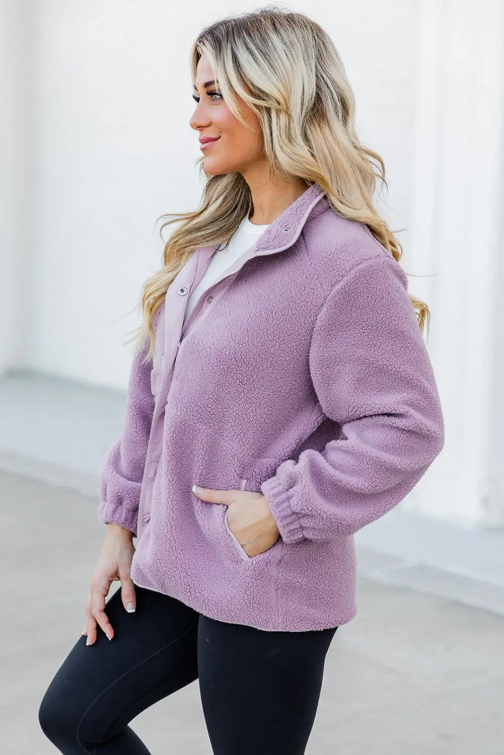 Pink sherpa contrast trim zipped pocket jacket - jackets