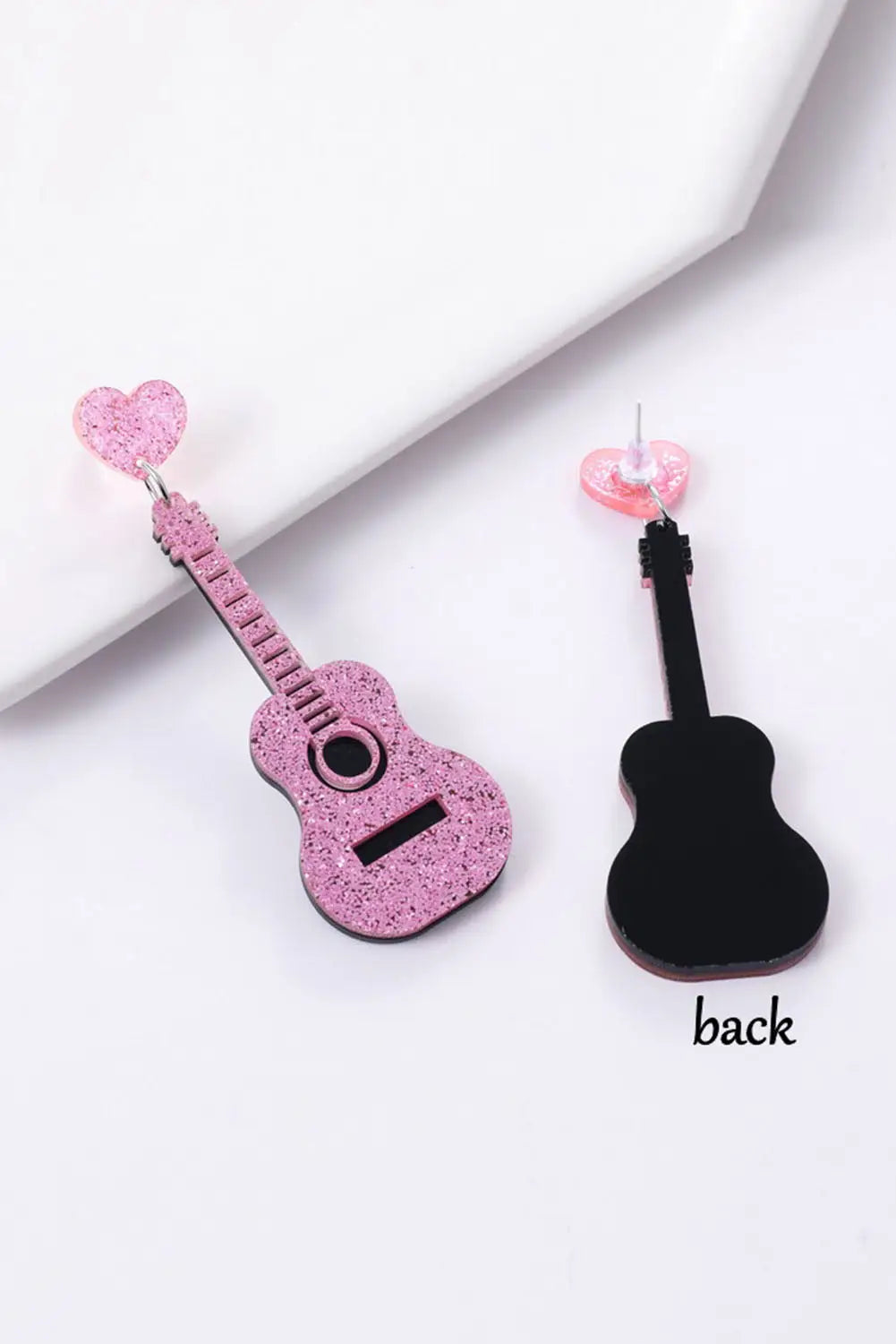 Pink shiny guitar love music festival heart stud earrings -