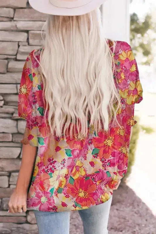 Pink Shirred Cuffs 3/4 Sleeve Floral Blouse - Fashionfitz