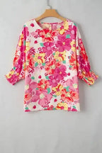 Pink Shirred Cuffs 3/4 Sleeve Floral Blouse - Fashionfitz