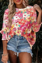 Pink Shirred Cuffs 3/4 Sleeve Floral Blouse - Fashionfitz