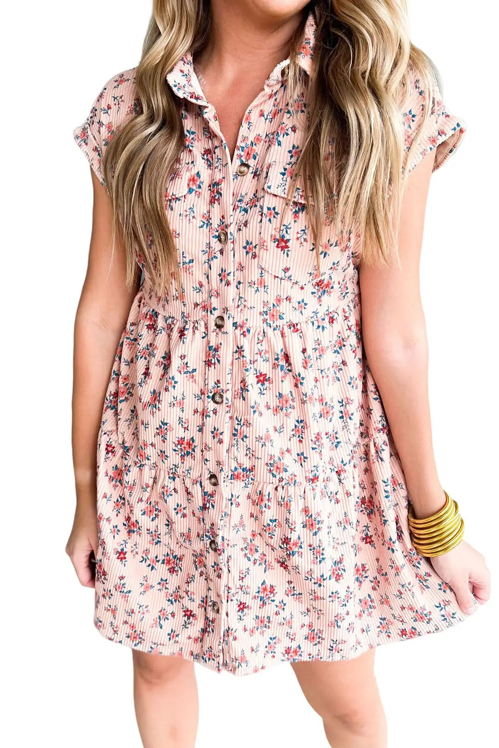 Pink short sleeve flap pockets shirt floral dress - dresses