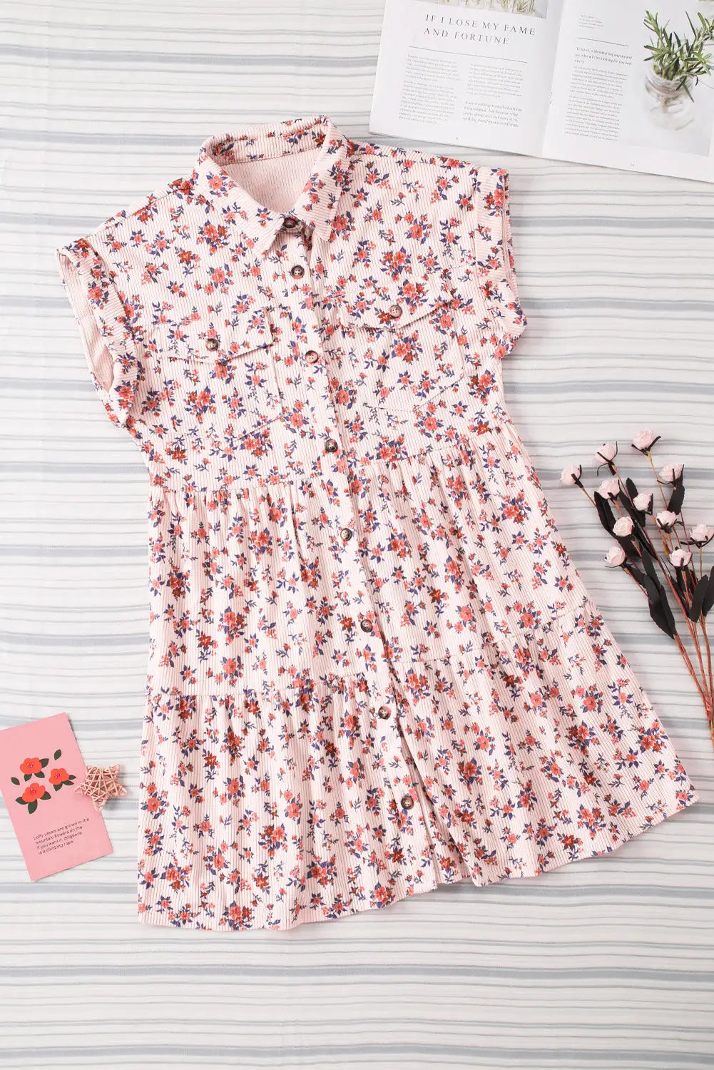 Pink short sleeve flap pockets shirt floral dress - dresses