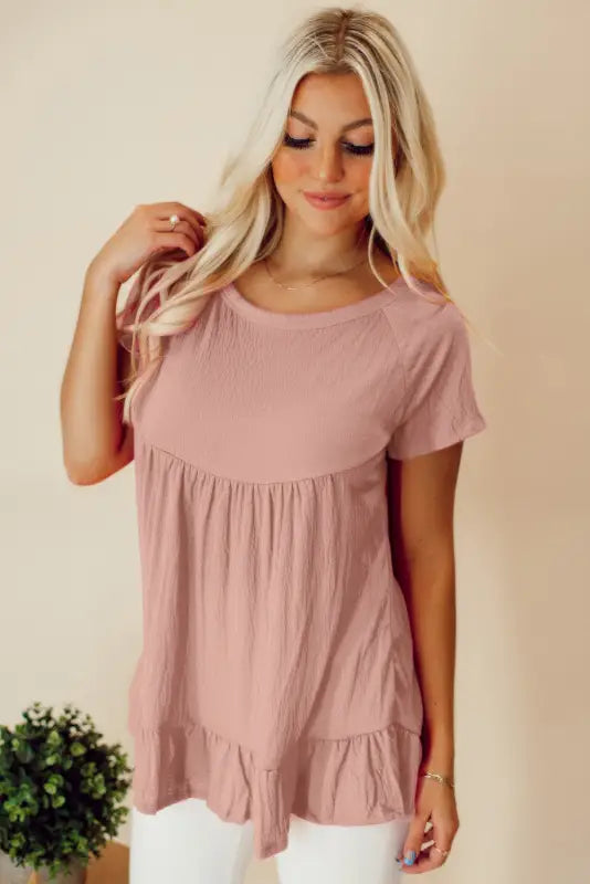 Pink solid short sleeve ruffle hem top - blouses & shirts