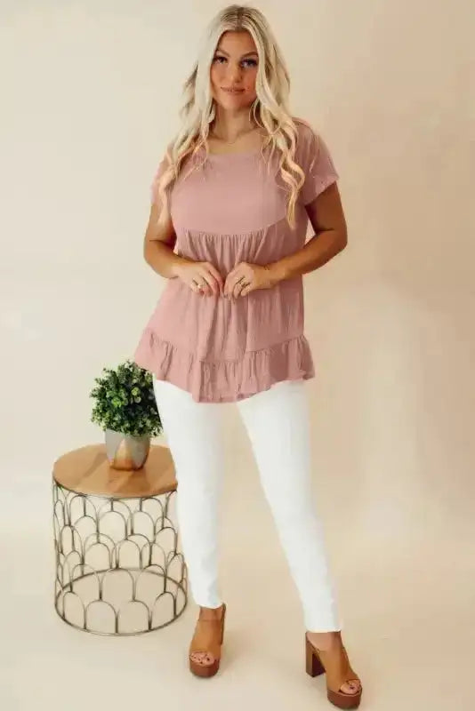 Close-up of Pink Ruffle Hem Blouse showing gathered ruffle at hem and soft lightweight fabric — Fashionfitz