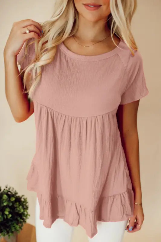 Pink solid short sleeve ruffle hem top - l / 95% polyester + 5% elastane - blouses & shirts