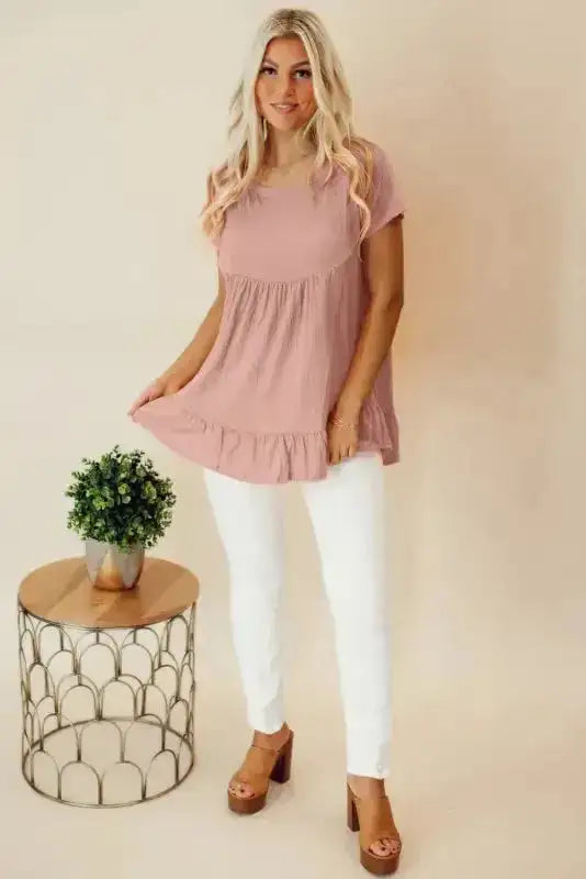 Pink Short Sleeve Ruffle Hem Blouse styled as a full outfit showing versatile casual summer look — Fashionfitz