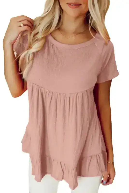 Pink Short Sleeve Ruffle Hem Top - Fashionfitz