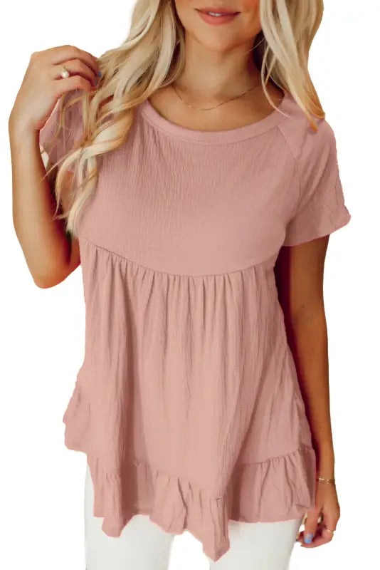 Pink solid short sleeve ruffle hem top - blouses & shirts