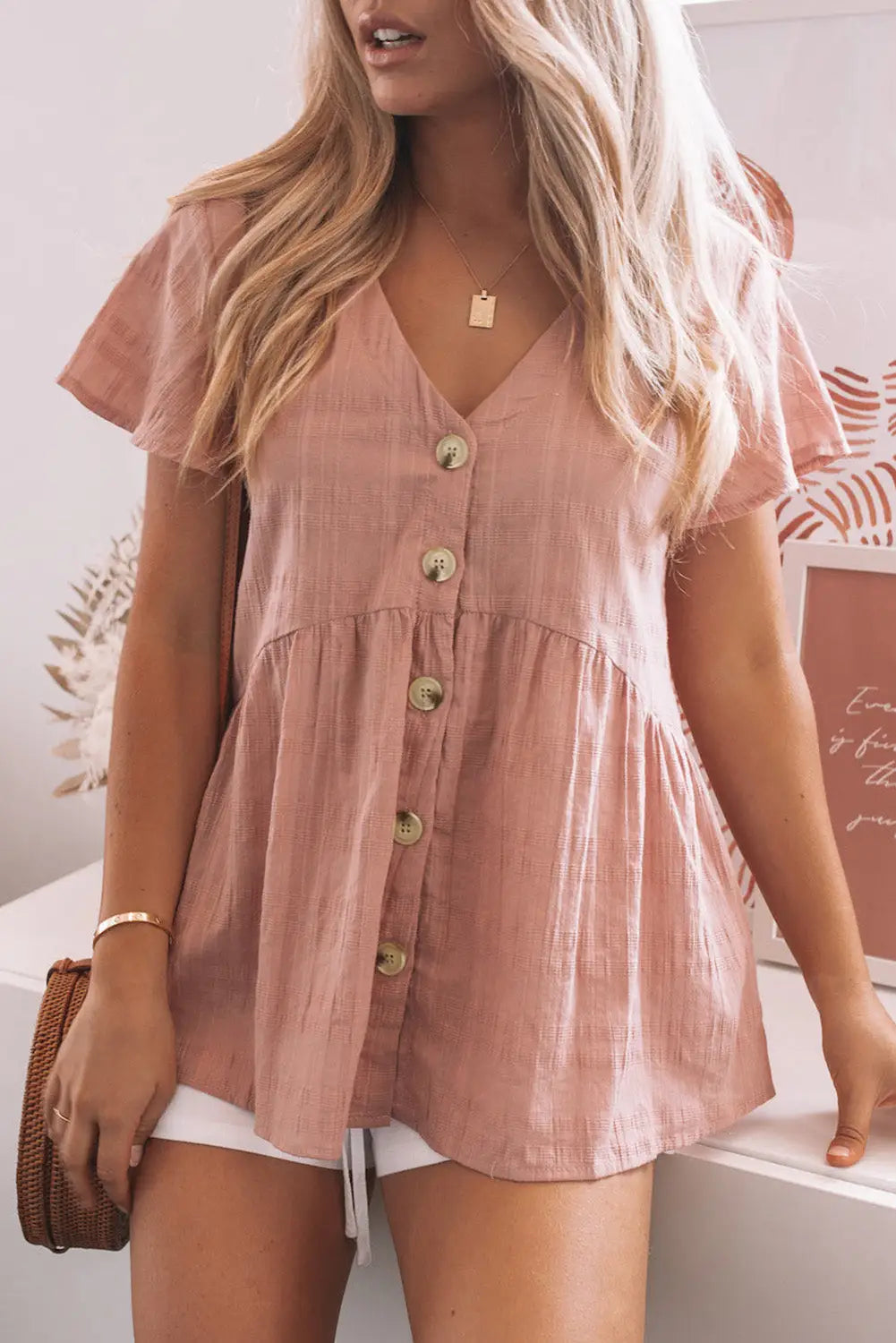 Pink short sleeves buttoned peplum shirt - s / 100% cotton - tops