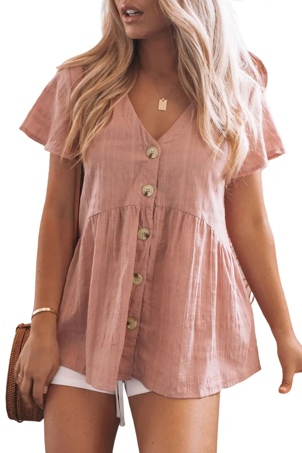 Pink short sleeves buttoned peplum shirt - tops