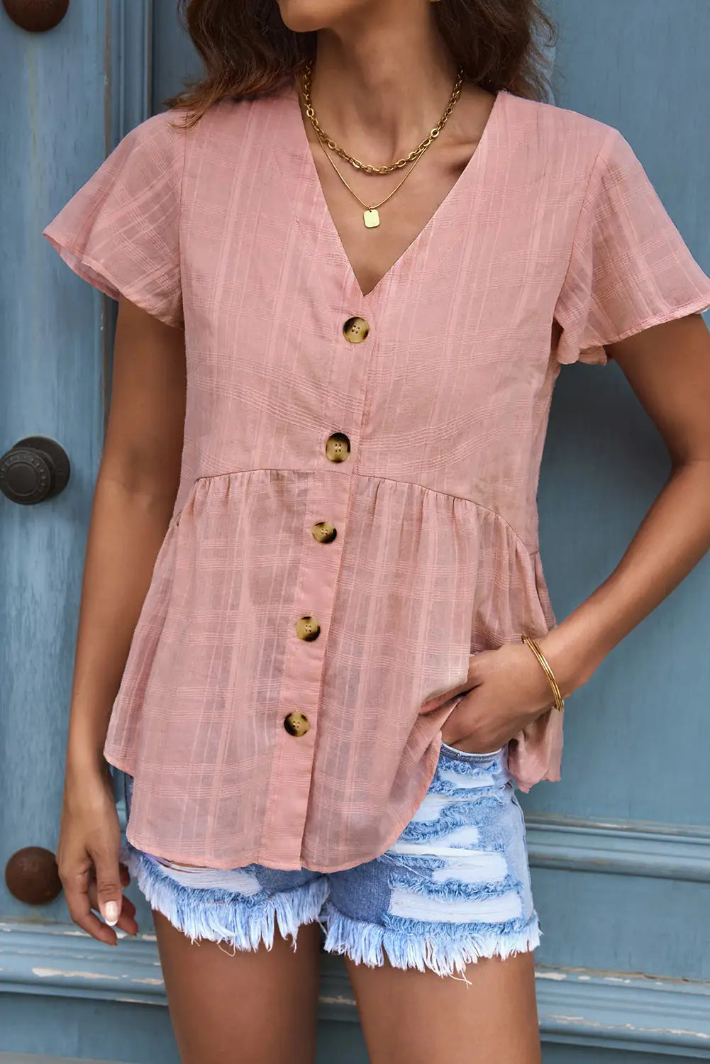 Pink short sleeves buttoned peplum shirt - tops